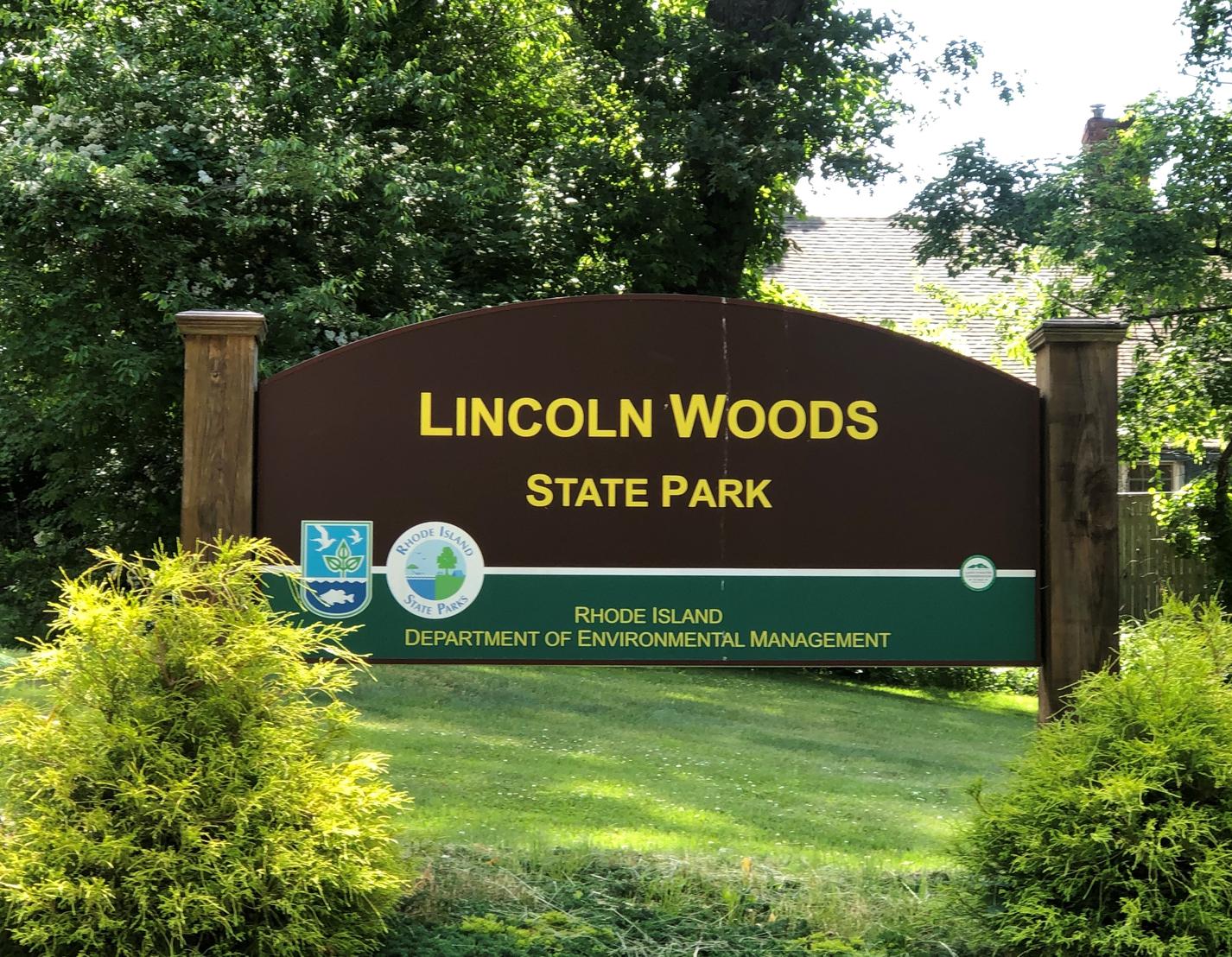 Lincoln Woods State Park entrance sign in Lincoln, Rhode Island