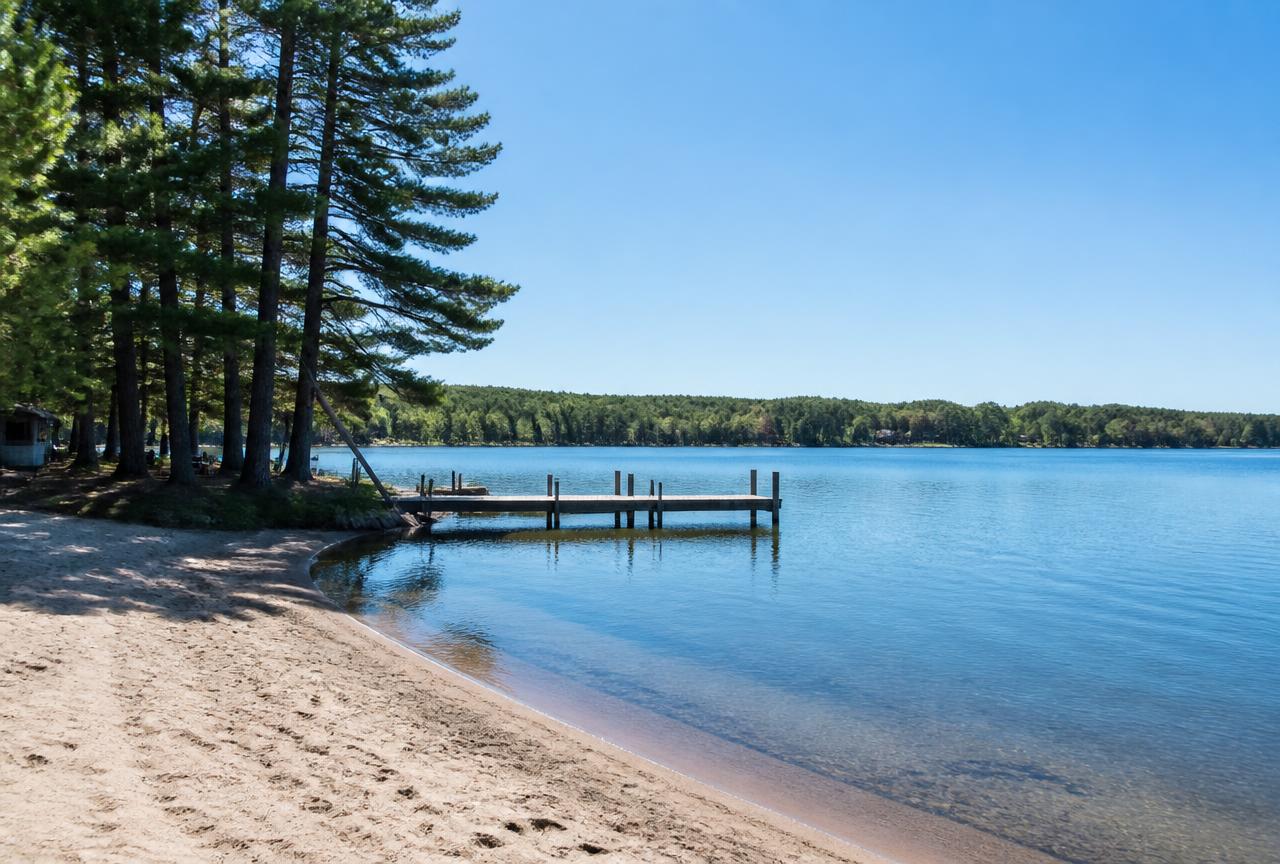 Sandy freshwater beach and dock at Spring Lake in Glendale, Burrillville, Rhode Island