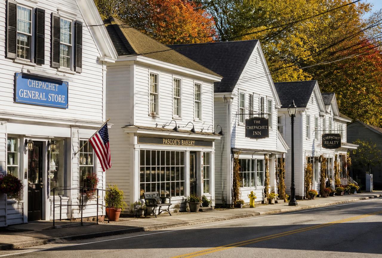 Historic white clapboard storefronts in Chepachet village, Glocester, Rhode Island