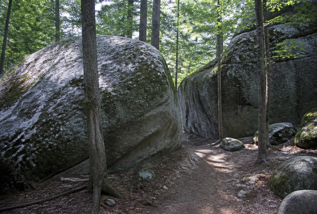 Massive glacial boulders along a hiking trail at Lincoln Woods State Park, Rhode Island