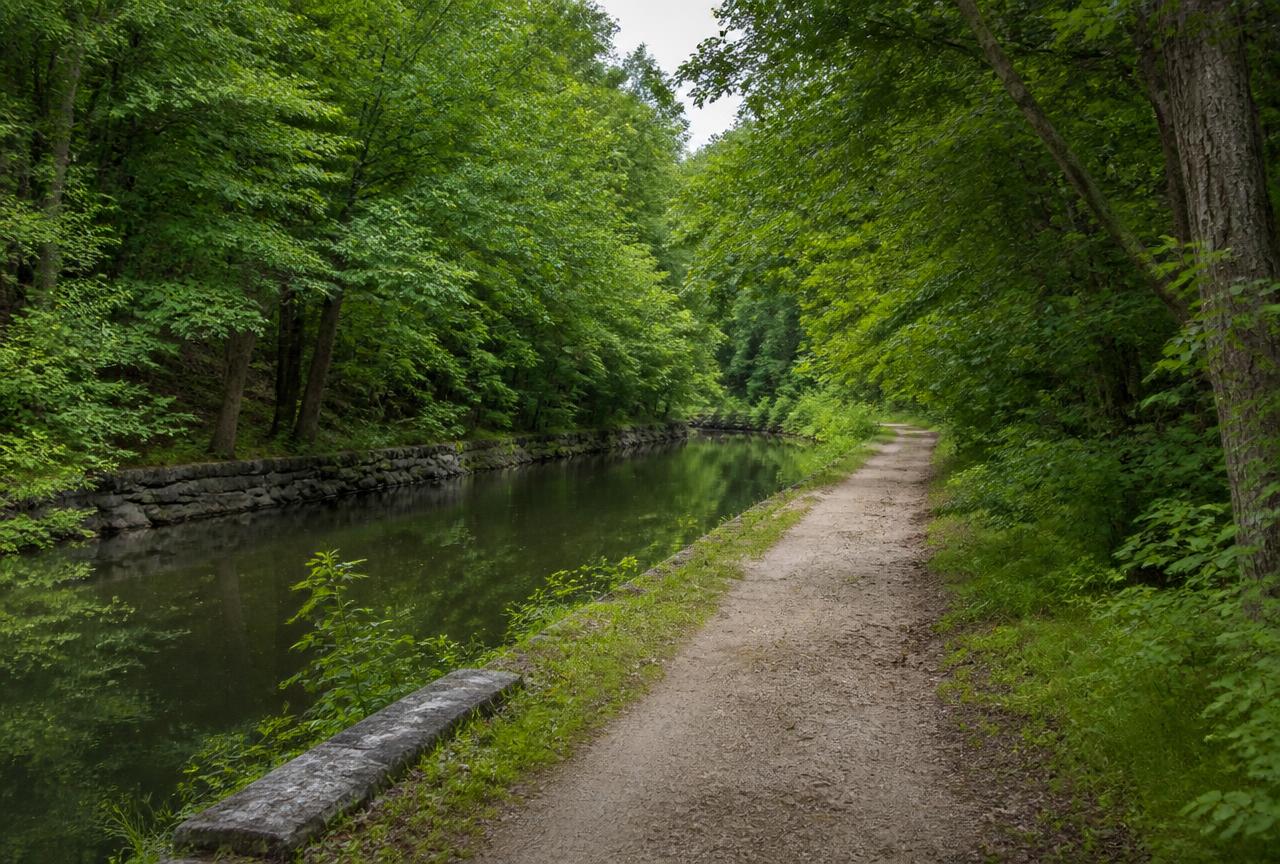 Blackstone Canal towpath trail beside the canal in Lincoln, Rhode Island
