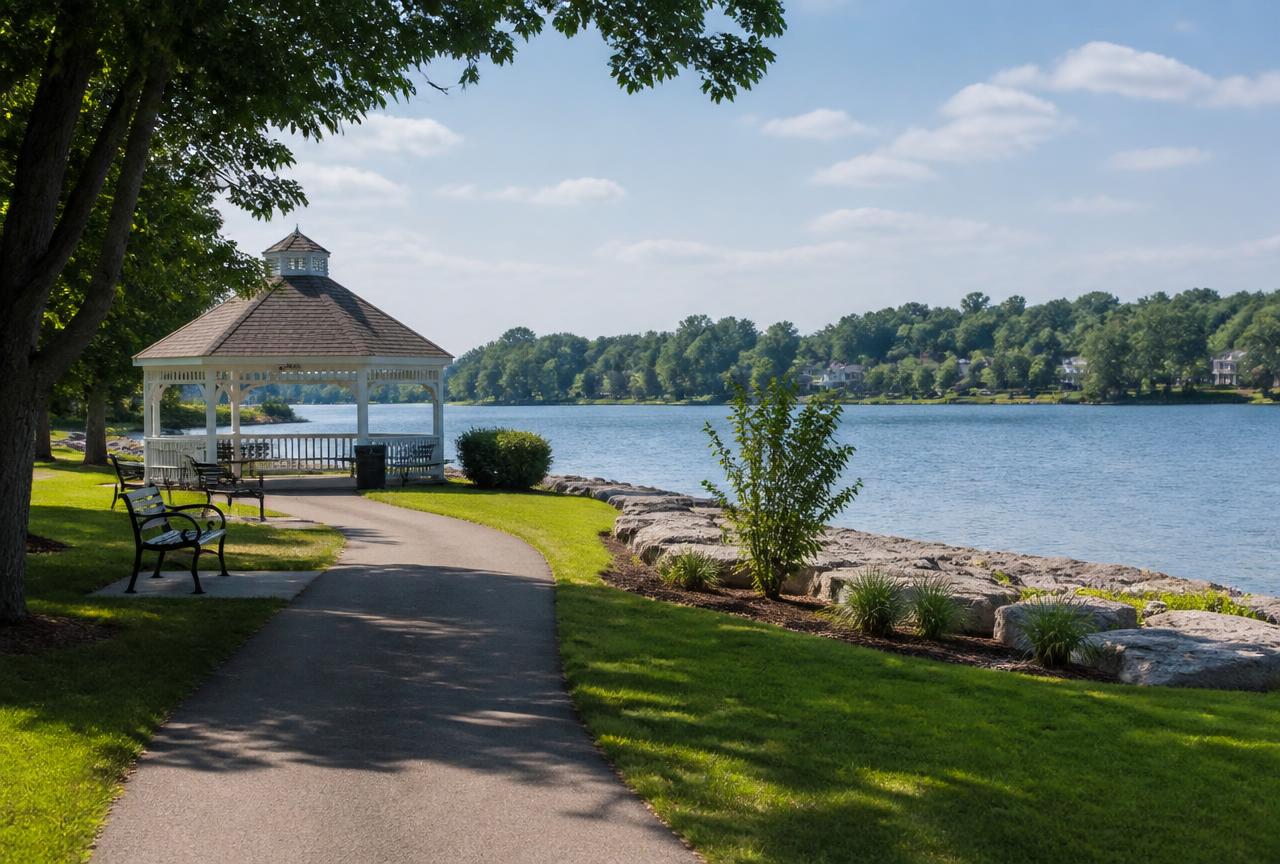Waterfront walking path and gazebo at Governor Notte Park on Wenscott Reservoir, North Providence, Rhode Island
