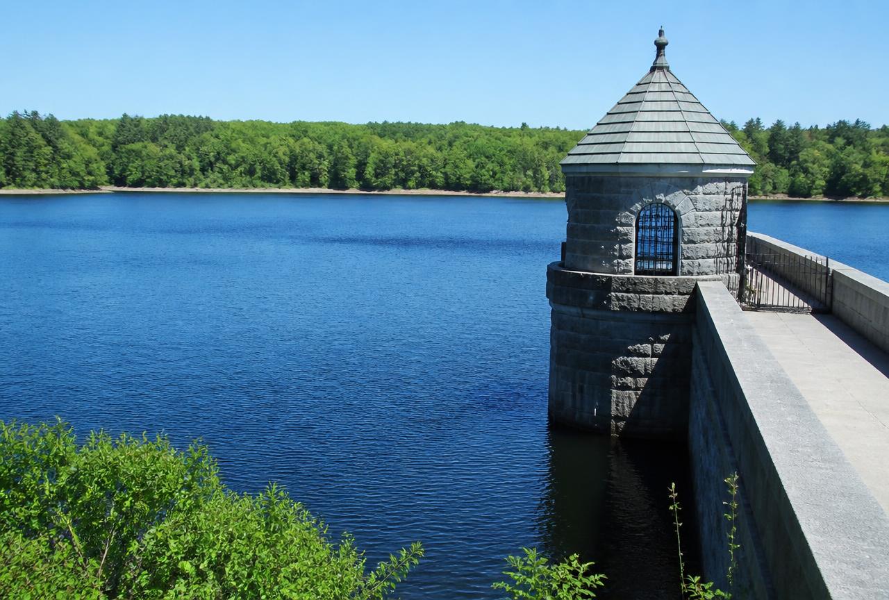 Stone gatehouse and dam at the Scituate Reservoir in Scituate, Rhode Island