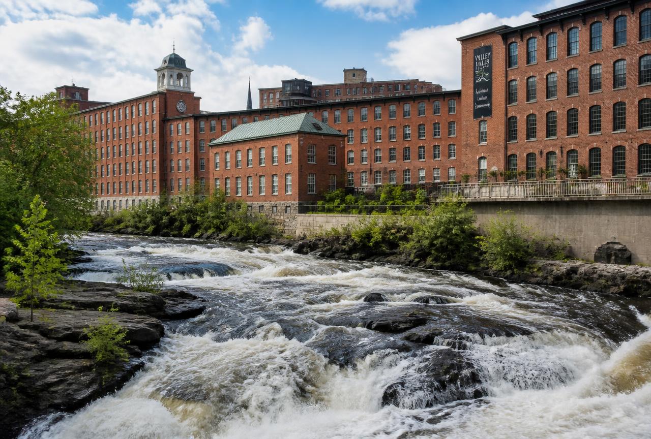 Historic brick mills above the Blackstone River falls in Woonsocket, Rhode Island
